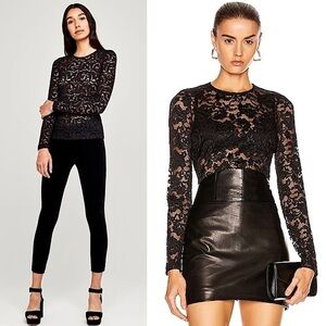 NWT L’AGENCE Dark Floral Crochet Sheer Stretch Lace Long Sleeve Slim Fit Top XS